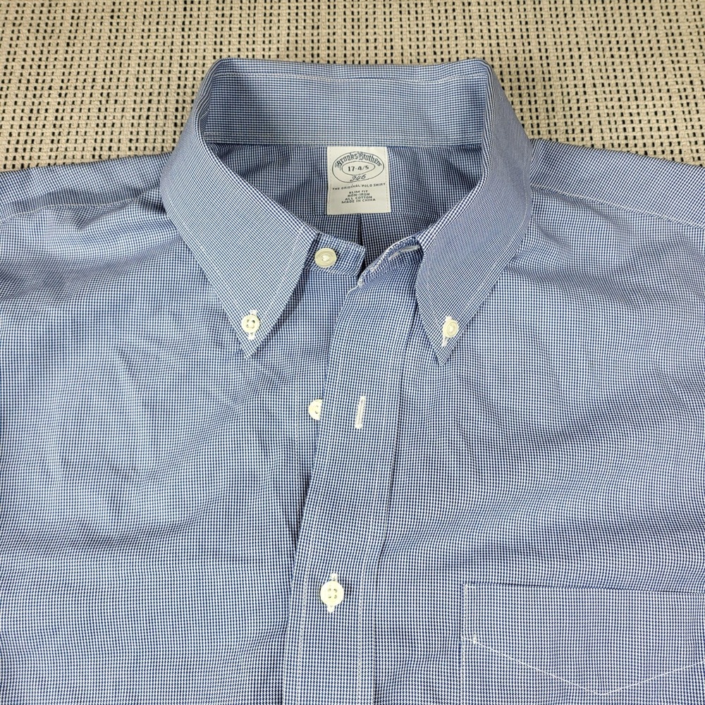 Brooks Brothers Dress Shirt Mens 18 Blue Check Slim Fit Non Iron Long Sleeve 346